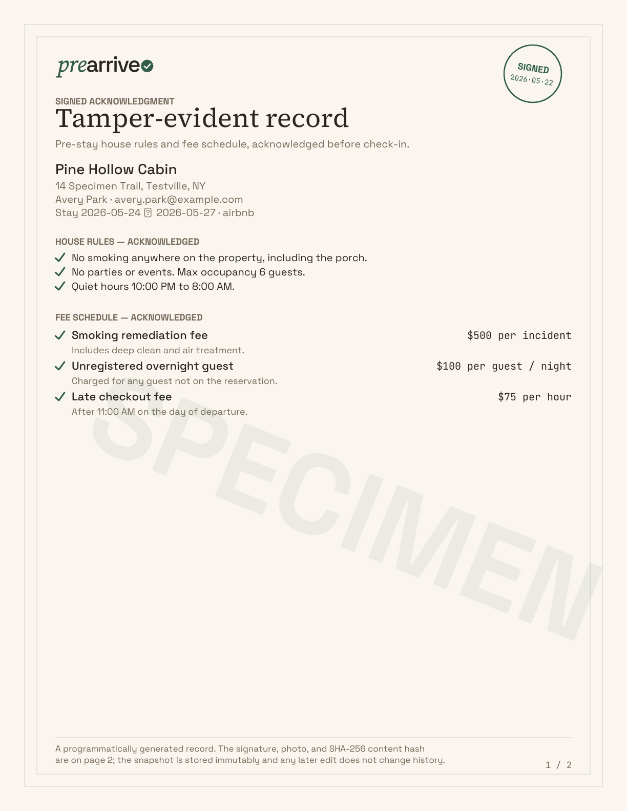Page 1 of a PreArrive signed-acknowledgment certificate — vellum paper, double border, signed sample